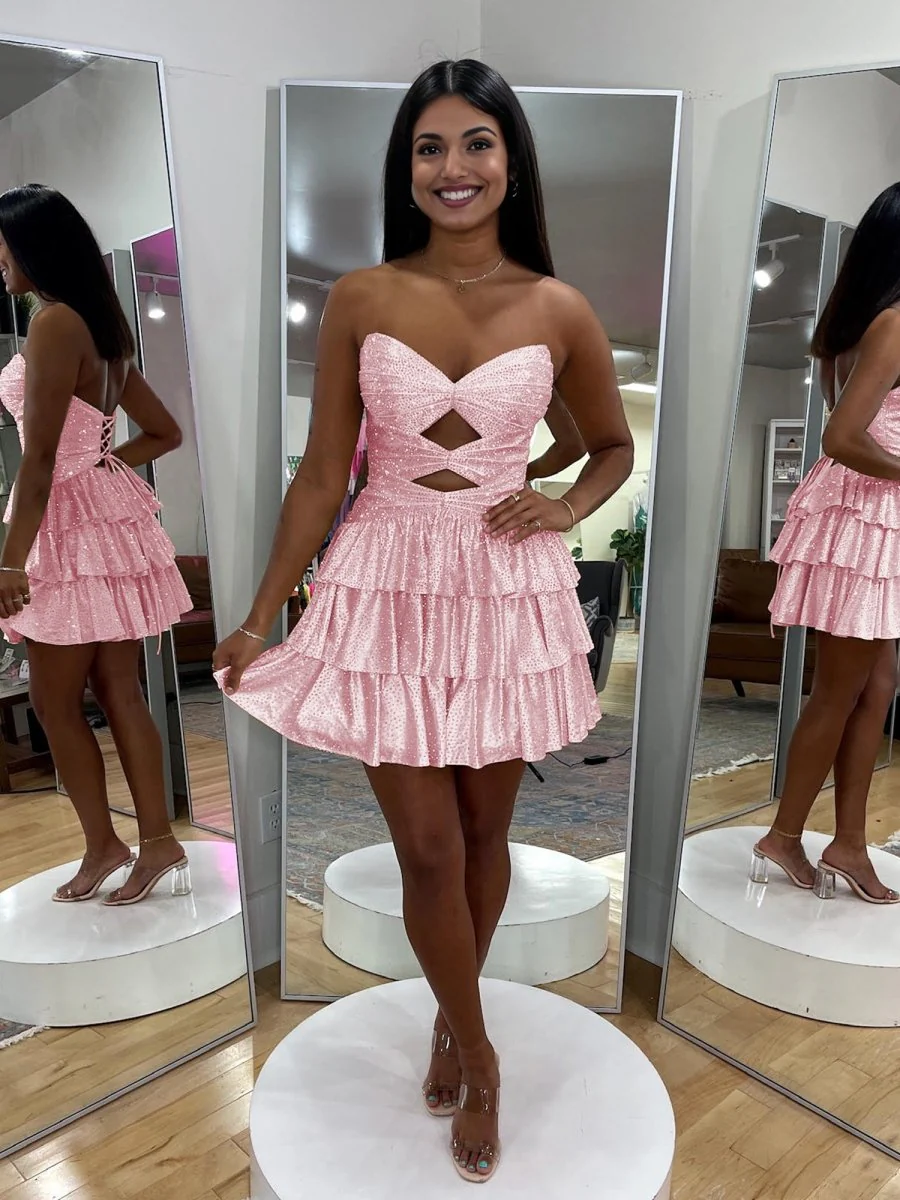 Pink - A Line Sweetheart Satin Cut Out Ruffled Homecoming & Cocktail Dresses with Beads
