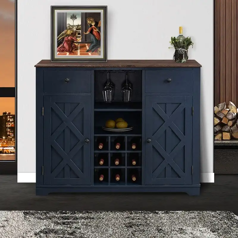 Wine Bar Cabinet with X-Door Design - Brown Wood Storage