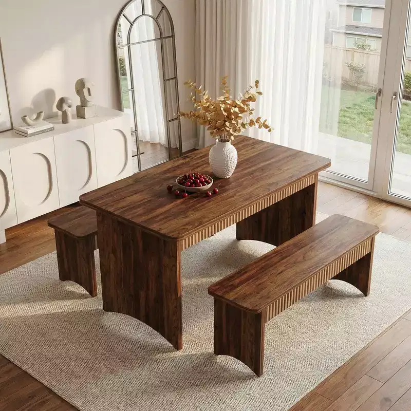 MAYEERTY 3-Piece Wooden Dining Set, Farmhouse Kitchen Table with 2 Space-Saving Benches