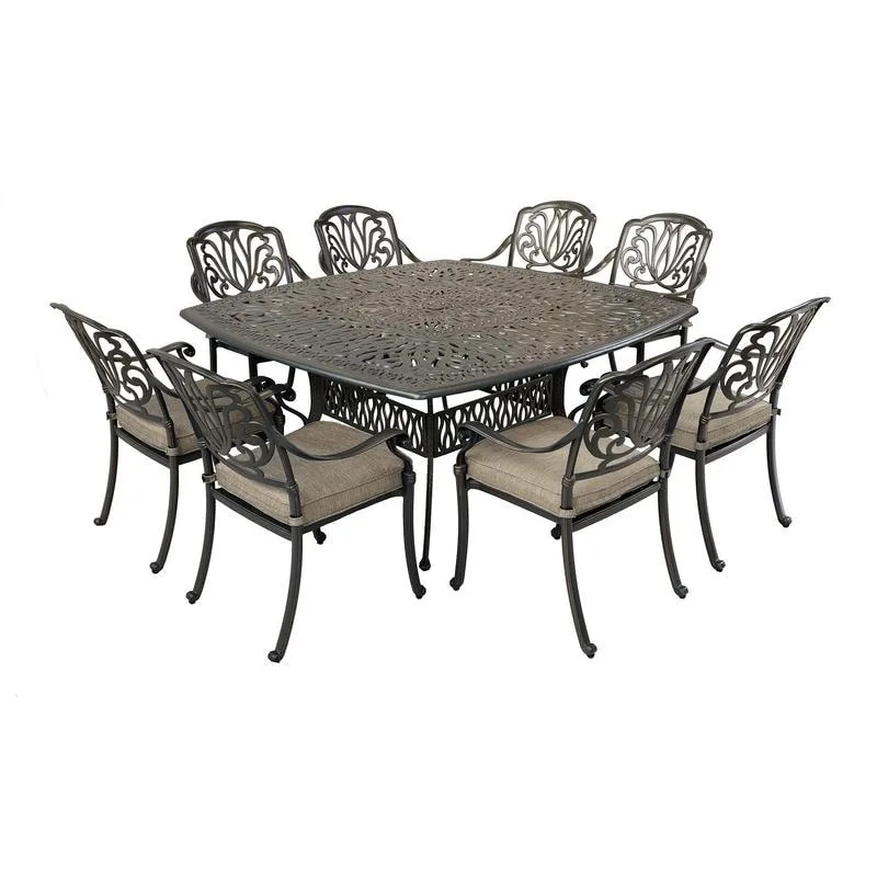 Saratoga 9-piece Gun Metal Aluminum Square Dining Set with 8 Cushioned Arm Dining Chairs
