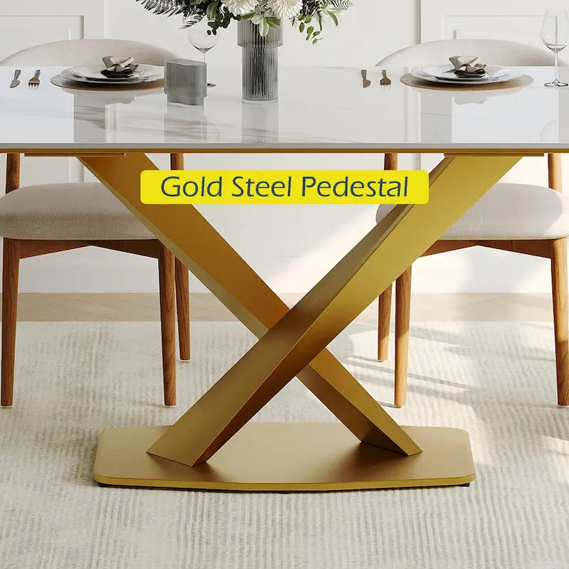 Modern Rectangular Dining table with Glossy Sintered Stone Table top, White Kitchen Table