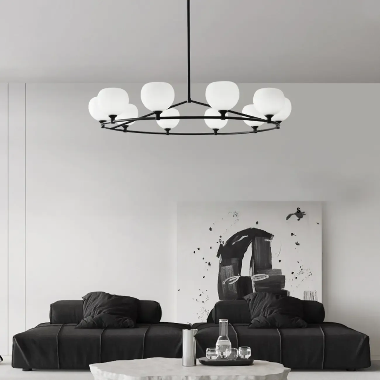 Minimalist White Glass Globe Black Metal Chandelier