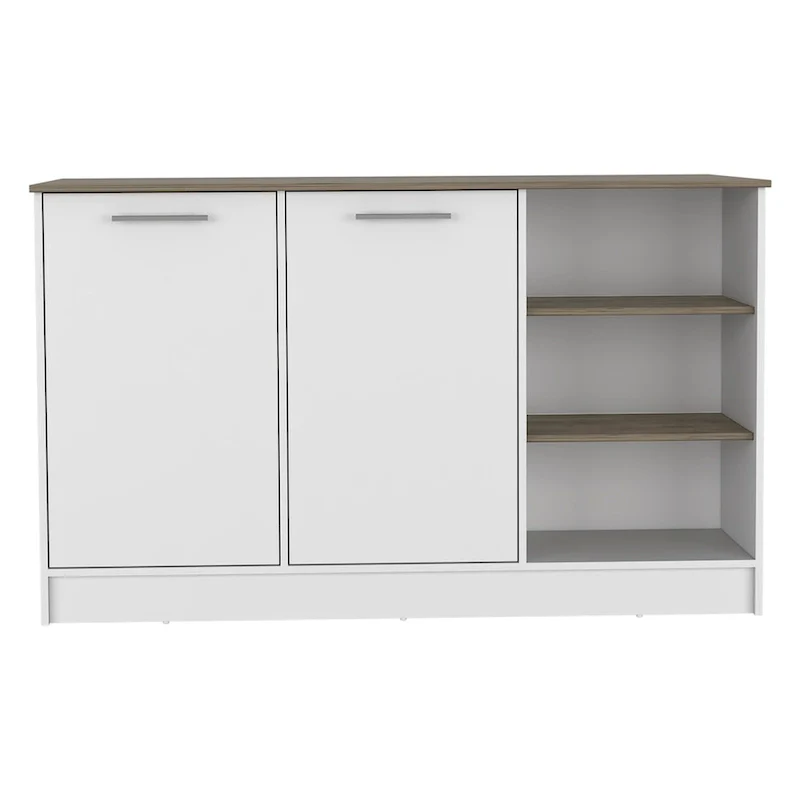White & Dark Brown Kitchen Island, 2-Door Cabinet & 3 Open Shelves
