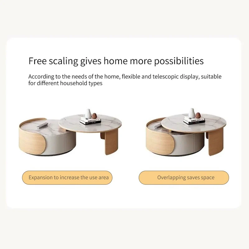 Round Coffee Table - Beige Wood with Stone Top - 31.5