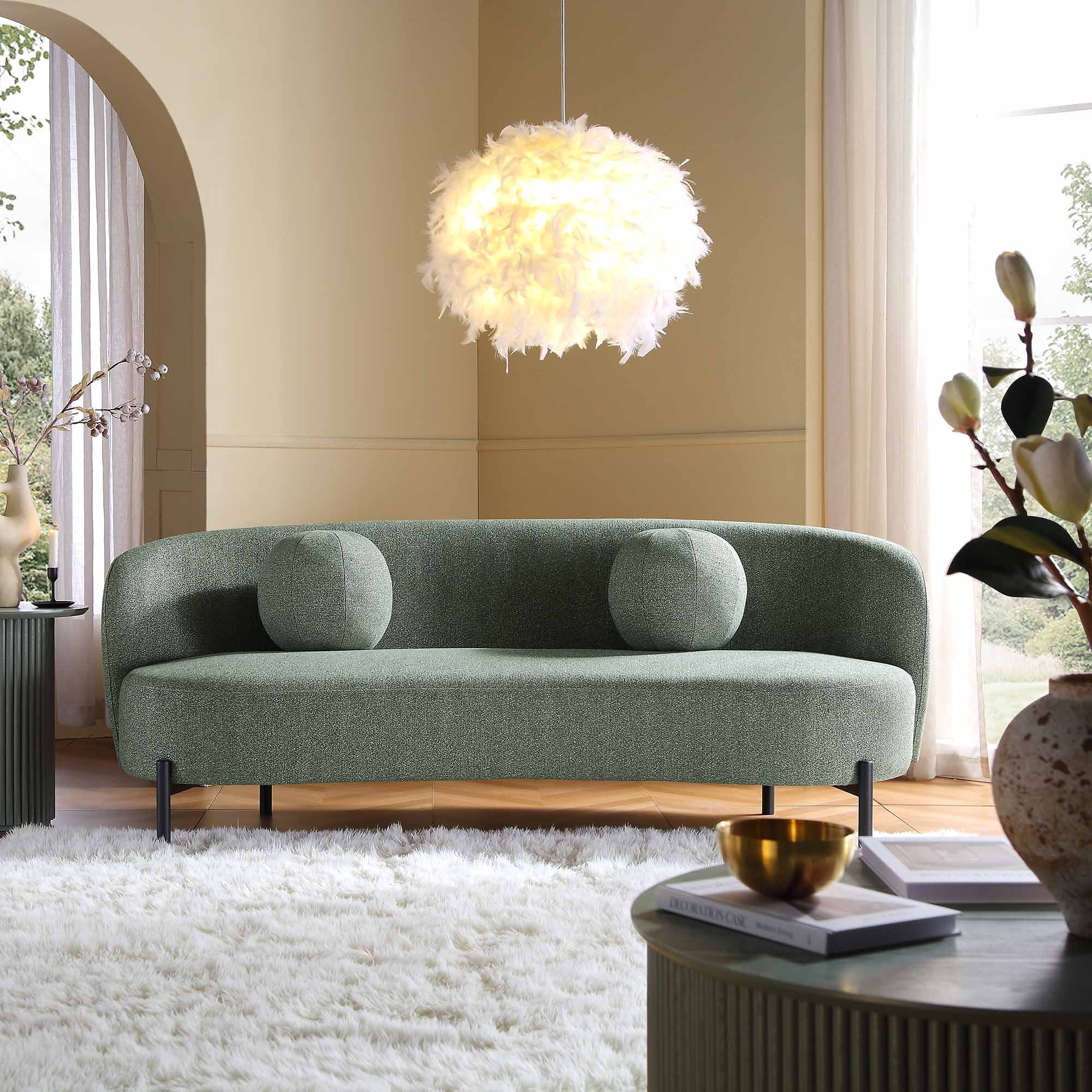 3-Seater Curved Sofa with Ball Cushions, Spruce Green Textured Fabric