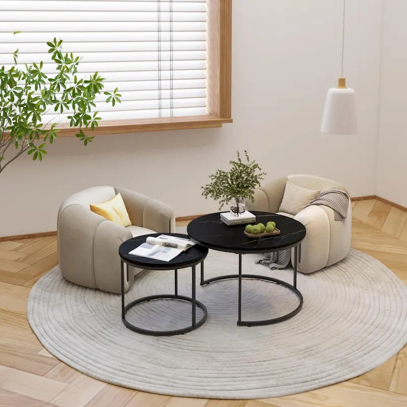 Nesting Coffee Table Set of 2, 27.6inch Round Coffee Table Wood Finish with Sturdy Metal Frame,End Table Side Tables