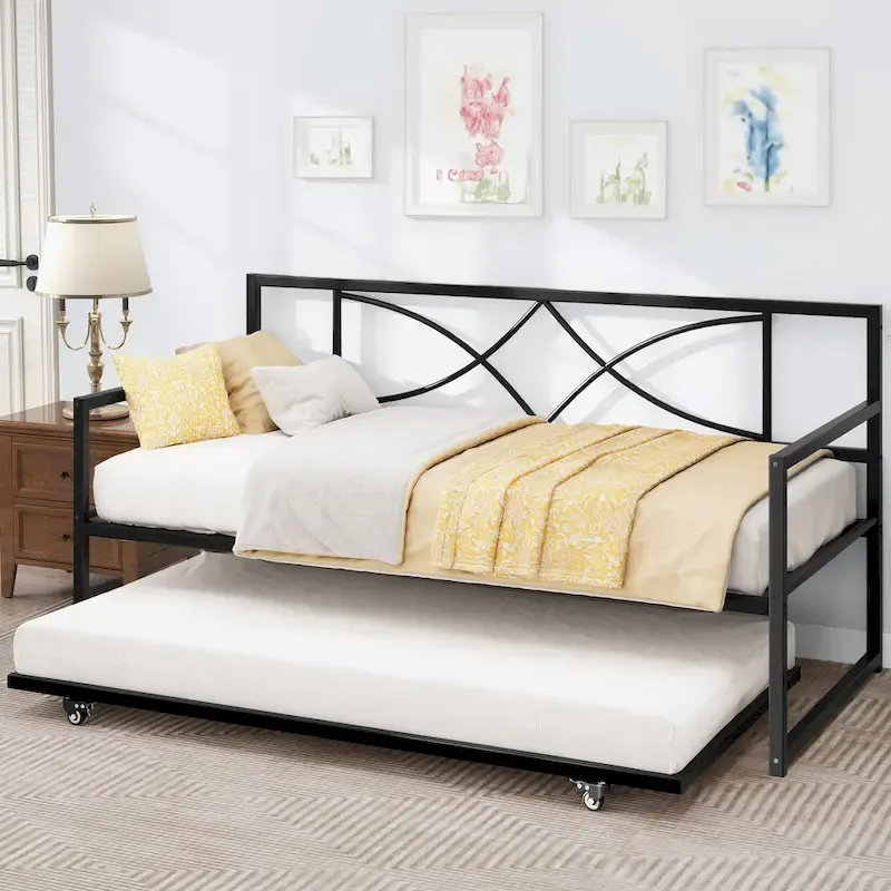 Black Metal Twin Daybed with Pull-Out Trundle – Sleeps 2
