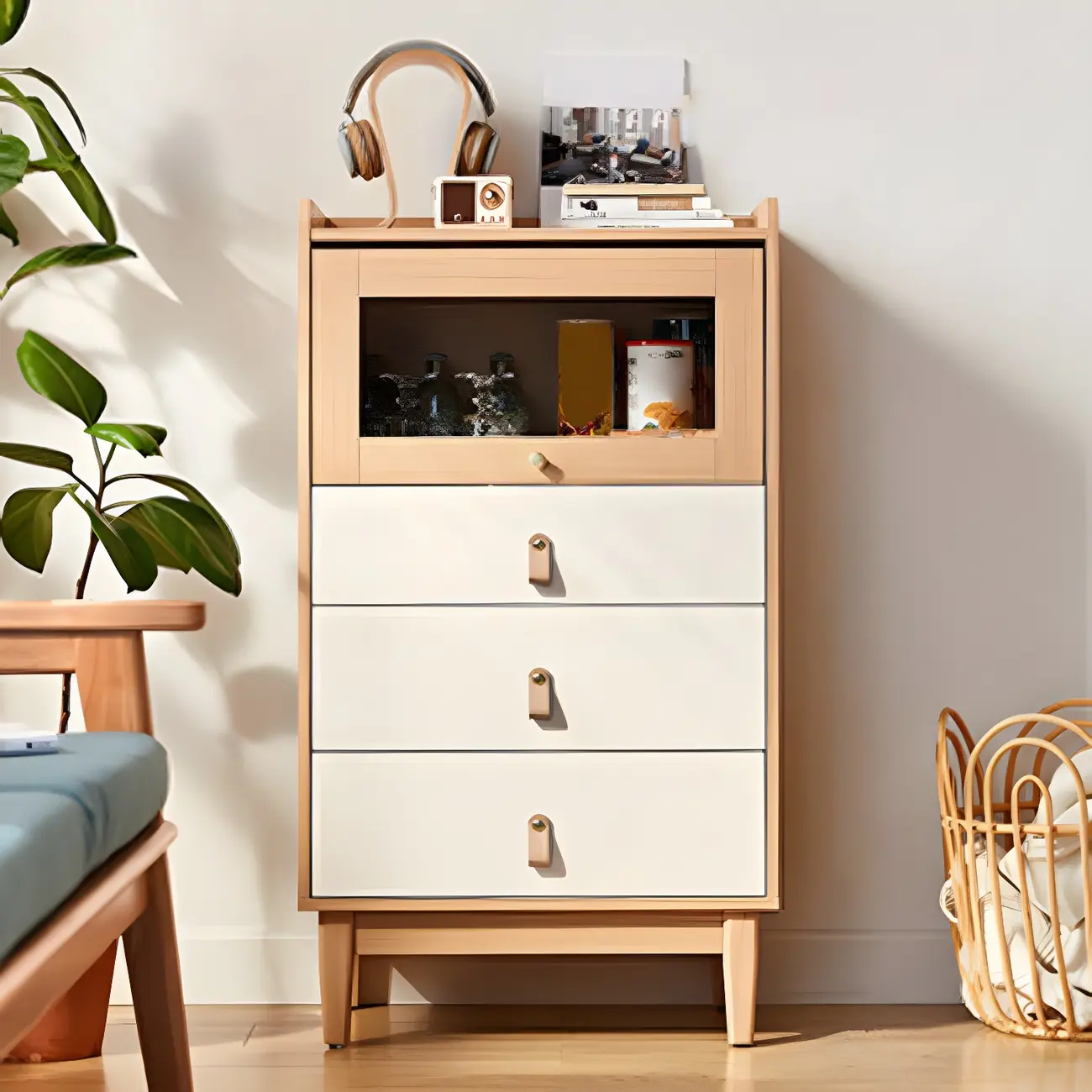 Durable Natural Finish Light Wood and Glass Drawers Dresser