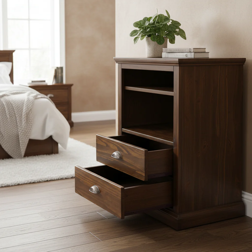 Brown Wood Nightstand with Concealed Compartment, 2 Drawers, 1-Person Assembly