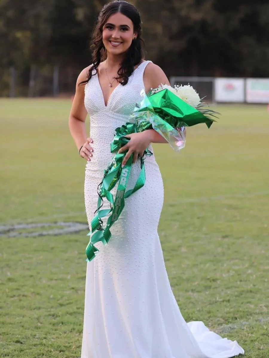 Mermaid Deep V-Neck Beaded Satin Long Prom Dress