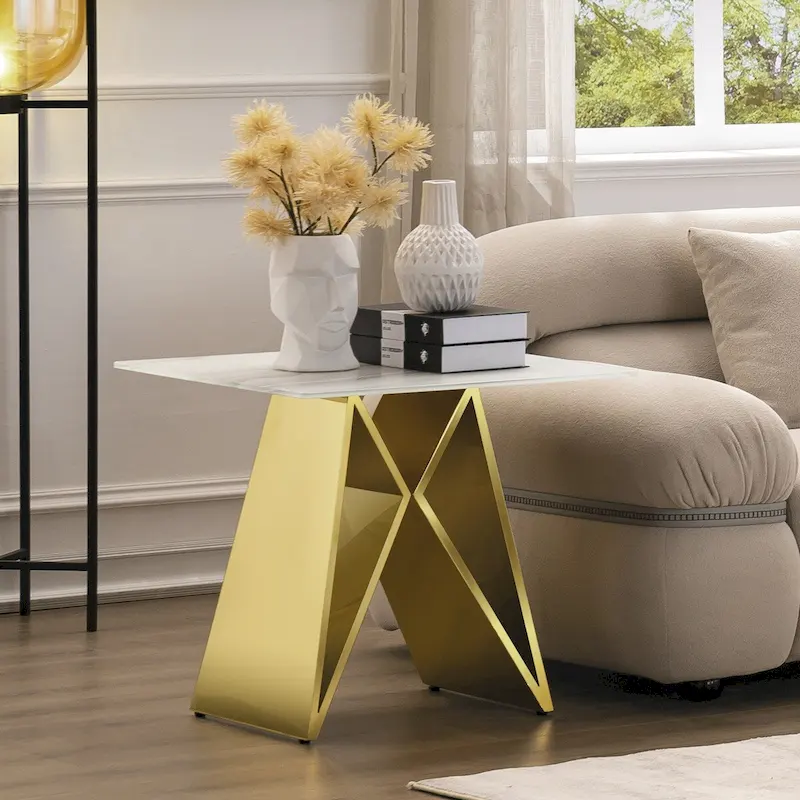 24 inch White Tempered Glass End Table with Mirrored M-Shaped Base