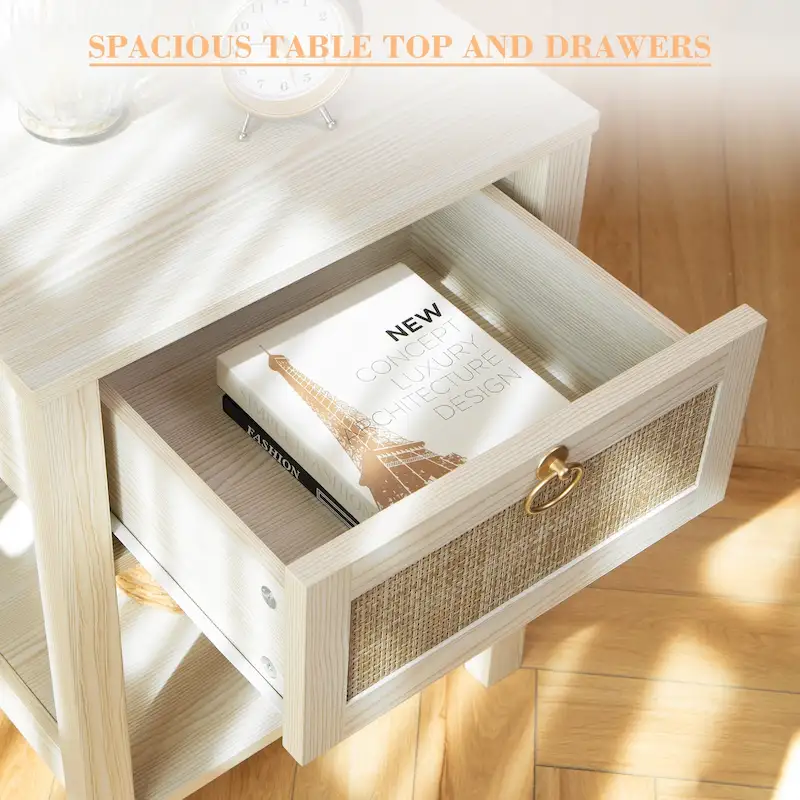 Farmhouse 1-Drawer Rattan Nightstand Set of 2