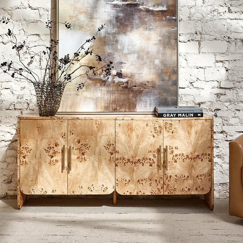 Burl Veneer Storage Cabinet with Drawer, Rounded Corners & Brushed Metal Handles | Natural / Walnut | Single
