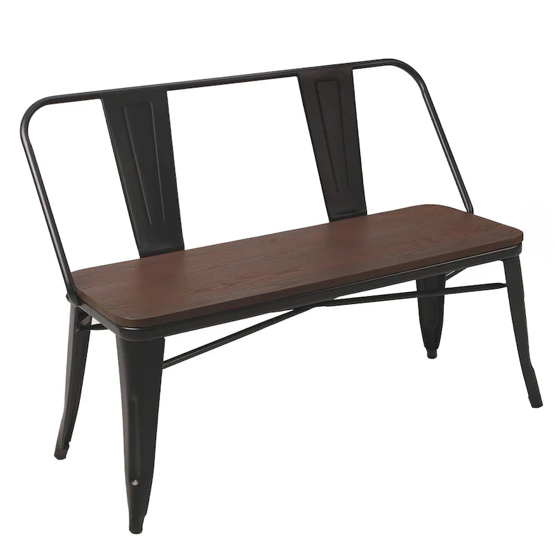 Dining Bench, Entryway Bench with Back, Farmhouse Metal Dining Bench, Industrial Mid-Century 3 Person Bench, Wood Seat