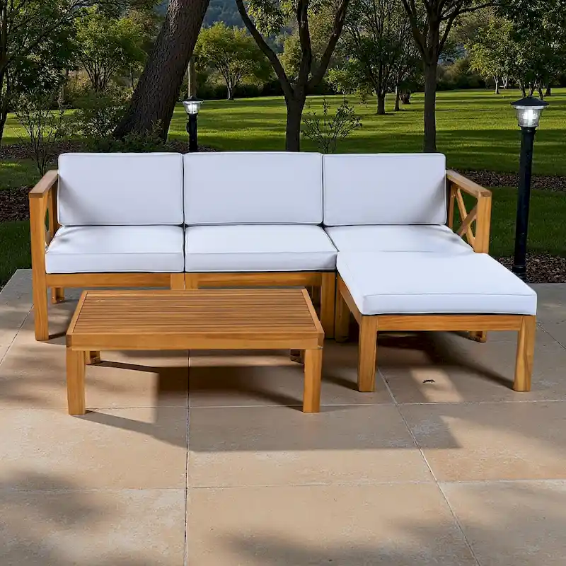5-Piece Outdoor Patio Solid Wood Sectional Sofa with Coffee Table and Cushions