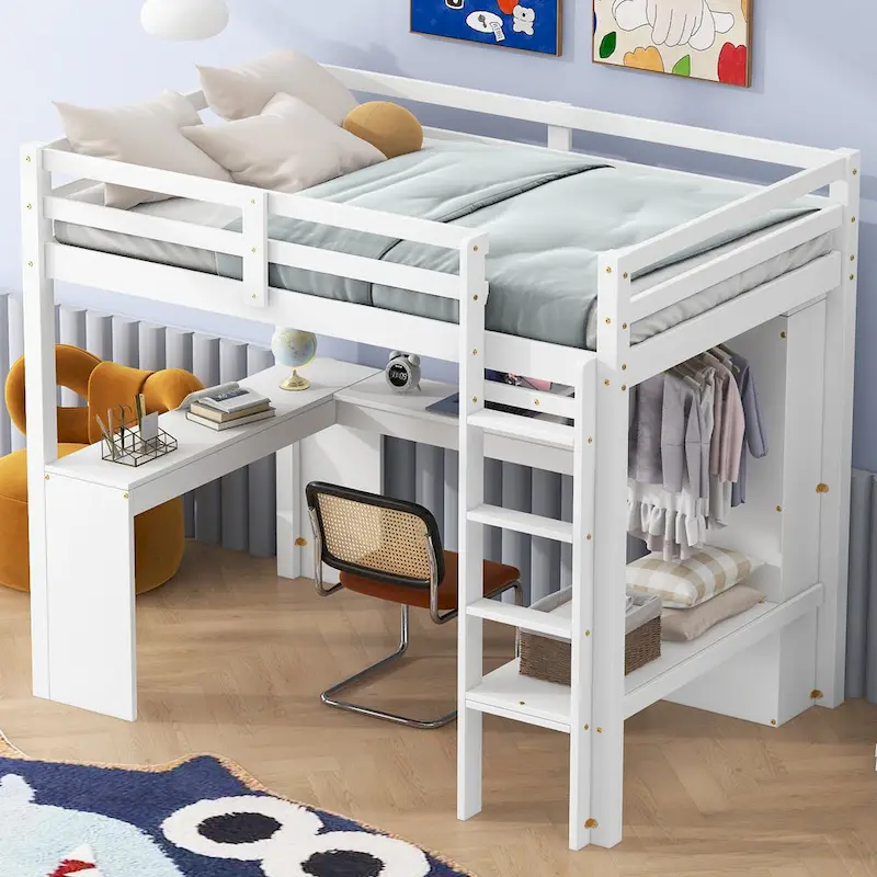 Twin Size Loft Bed with L-shaped Desk, Wardrobe and Storage Shelves, Grey