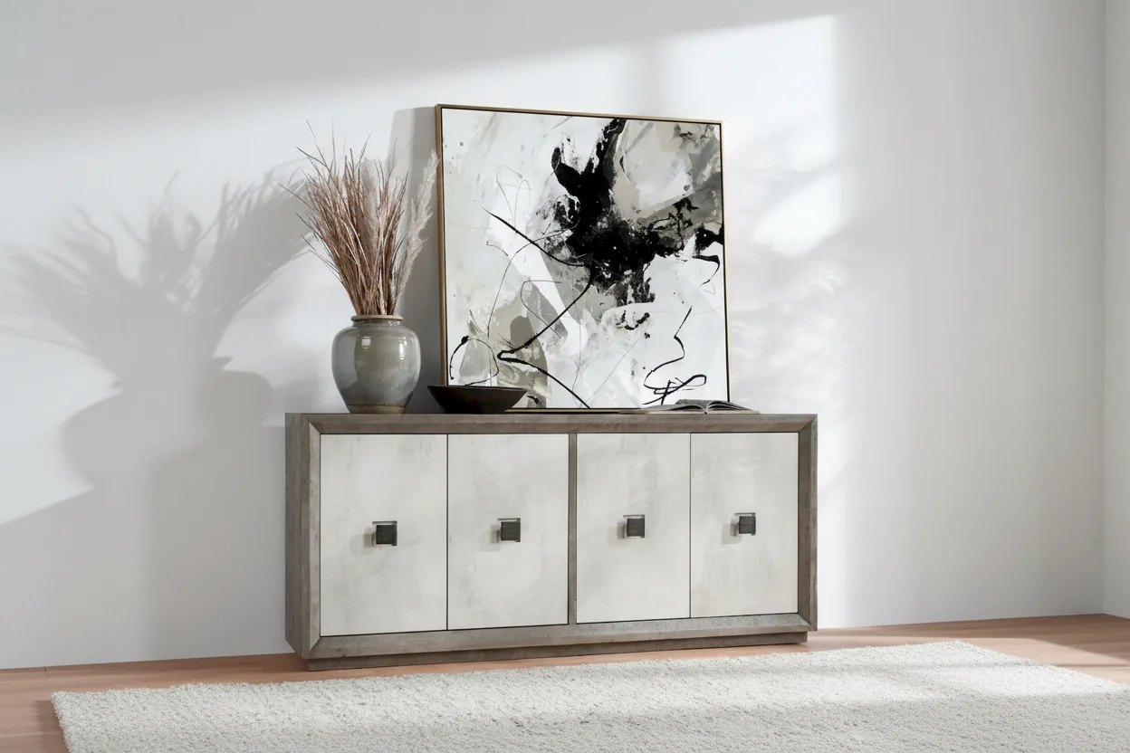 Distressed Grey / Antique White 4-Door Sideboard, 1-Piece