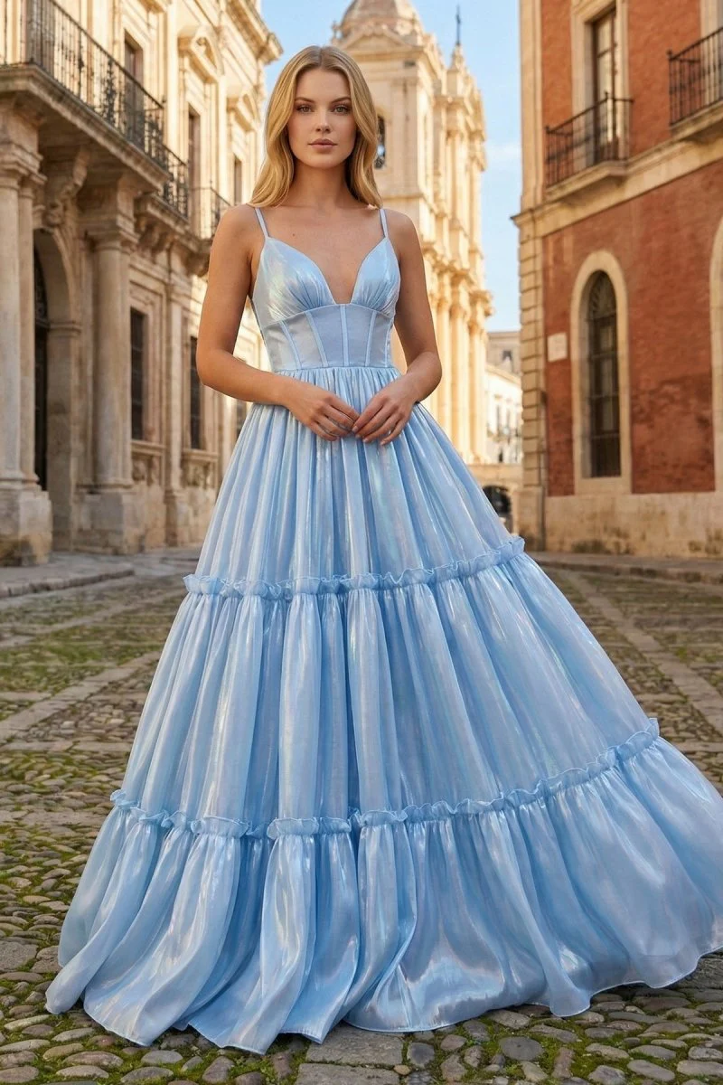Cute A Line V Neck Light Blue Glitter Organza Satin Prom Dress
