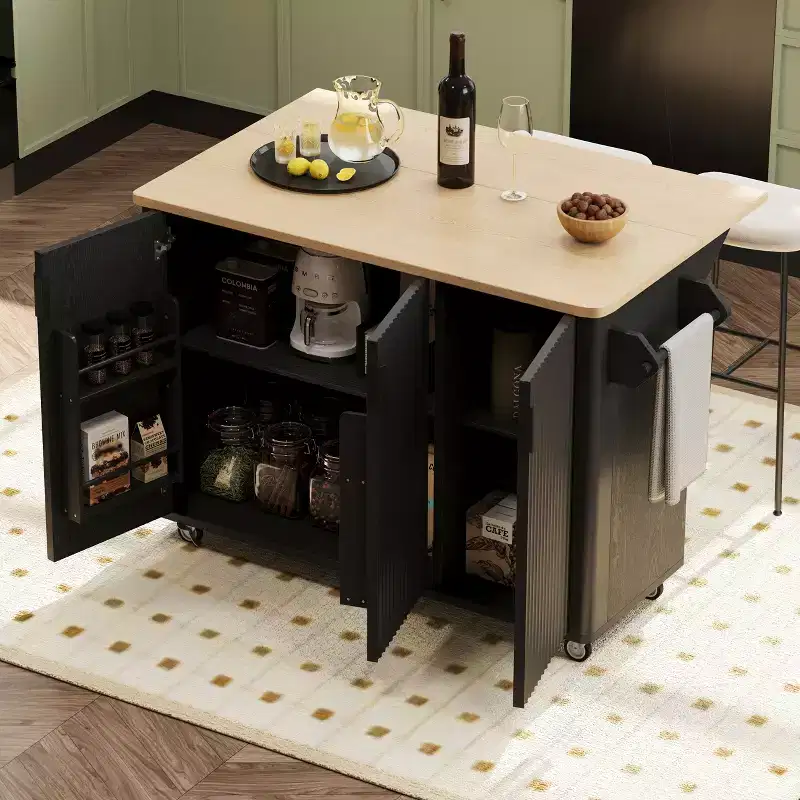 Rolling Solid Wood Kitchen Island with Rubberwood Top, 3 Drawers, 2 Cabinets, Adjustable Shelves, Spice Rack & Locking Wheels  Painted Finish