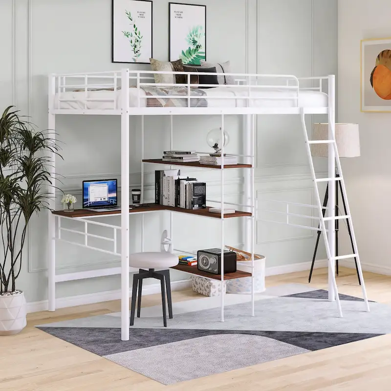 White Twin Metal Loft Bed with Desk & Shelves | Space-Saving Bedroom Furniture