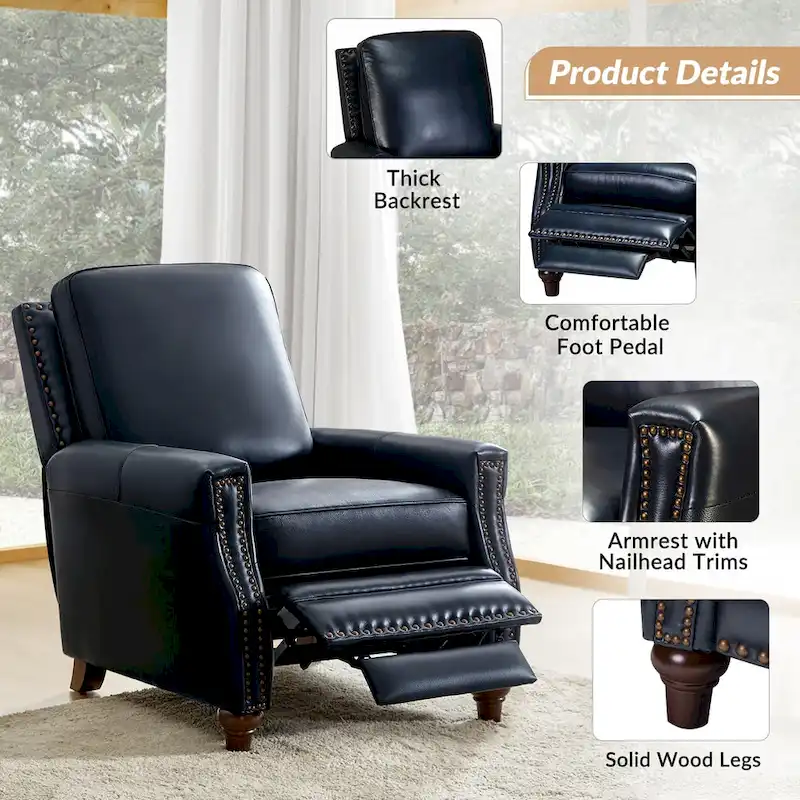 Cigar Mid-century Modern Genuine Leather Recliner with Nailhead Trim Set of 2 by HULALA HOME