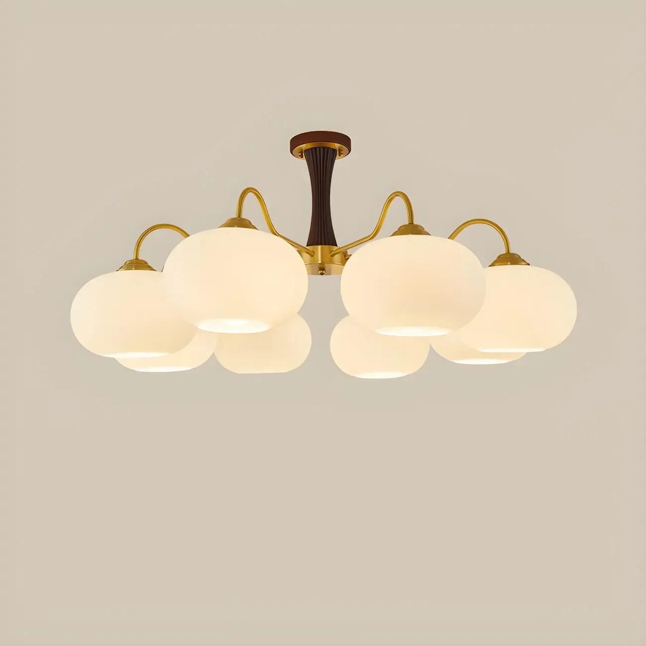 Classic Large Glass Drum Walnut Wood Semi Flush Ceiling Light