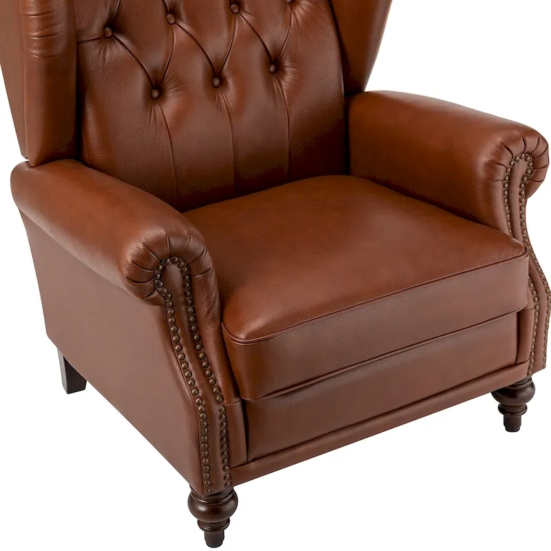 Brown Genuine Leather Wingback Armchair with Nailhead Trim, Set of 2, 1-Person