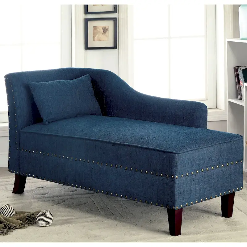Dark Teal / Grey / Beige Linen Fabric Chaise Lounge with Nailhead Trim – Transitional Style, Seats 1