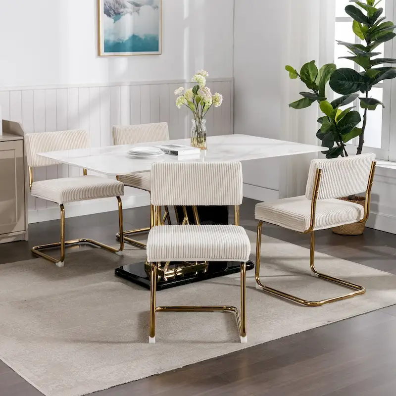 Modern Dining Chairs with Gold Metal Base, Accent Armless Kitchen Chairs with Channel Tufting,Set of 2