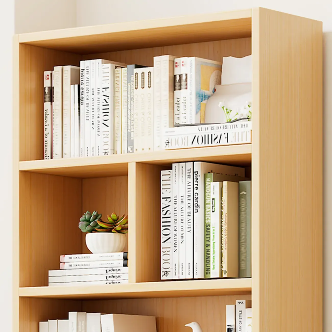 Natural Finish Narrow 6 Shelves Wooden Bookcase with Drawer