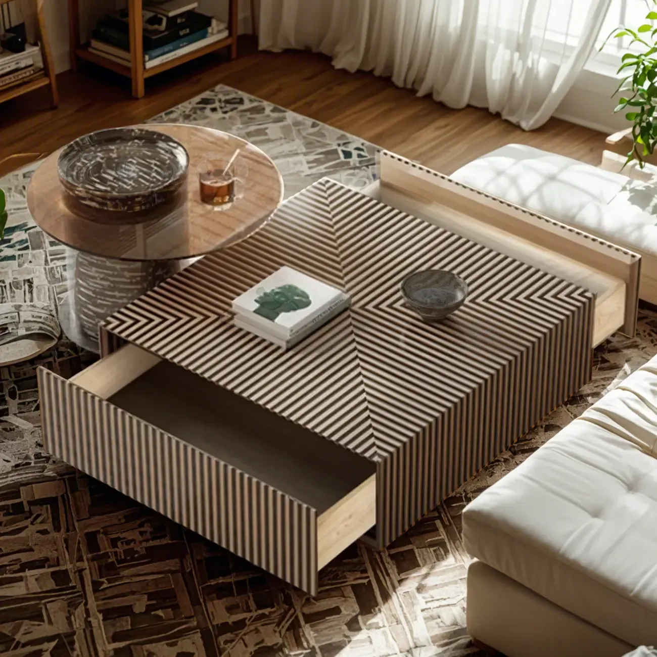 Black and White Stripe Wooden Round Coffee Drawer Table