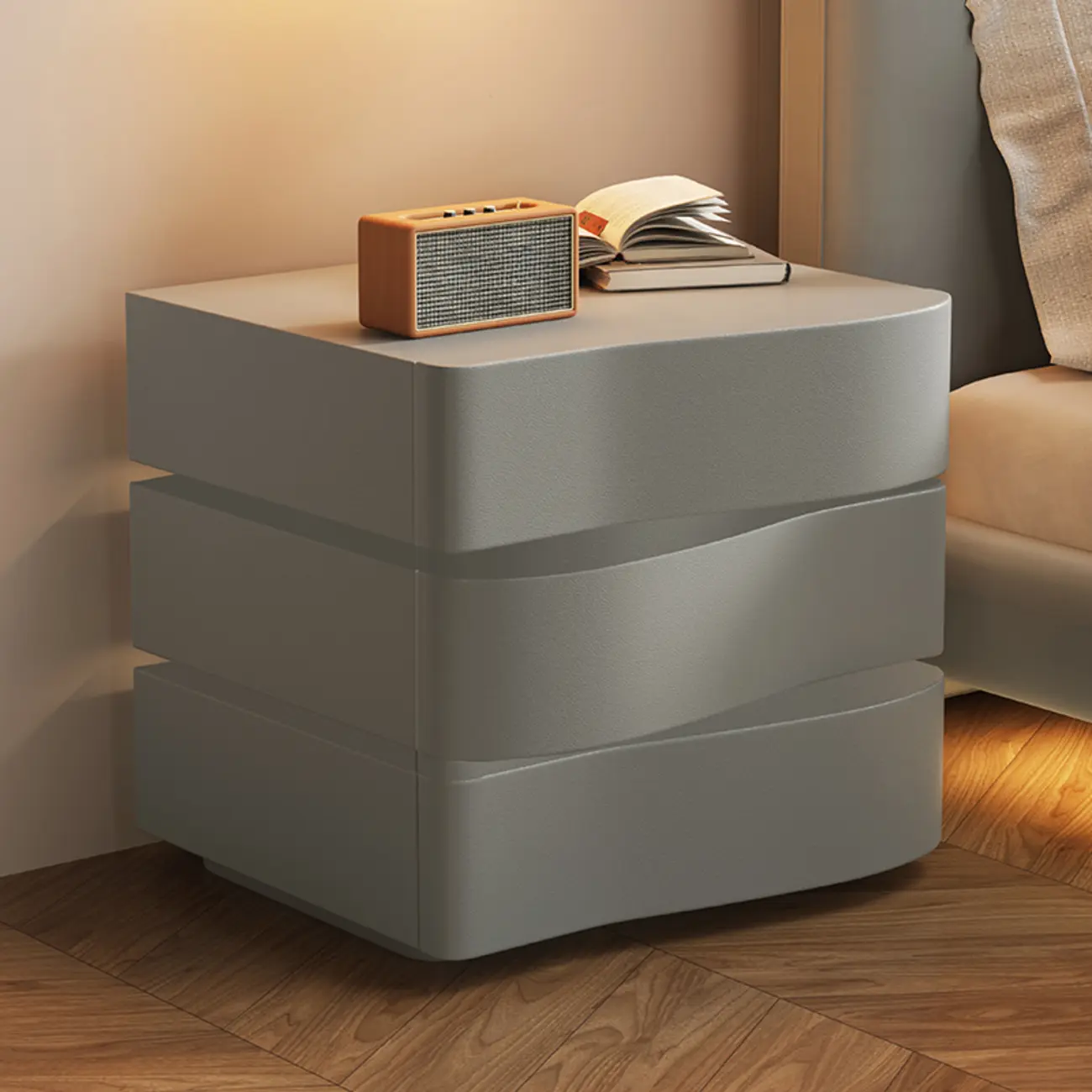 Stylish Black Wooden Wave 3 Drawers Nightstand