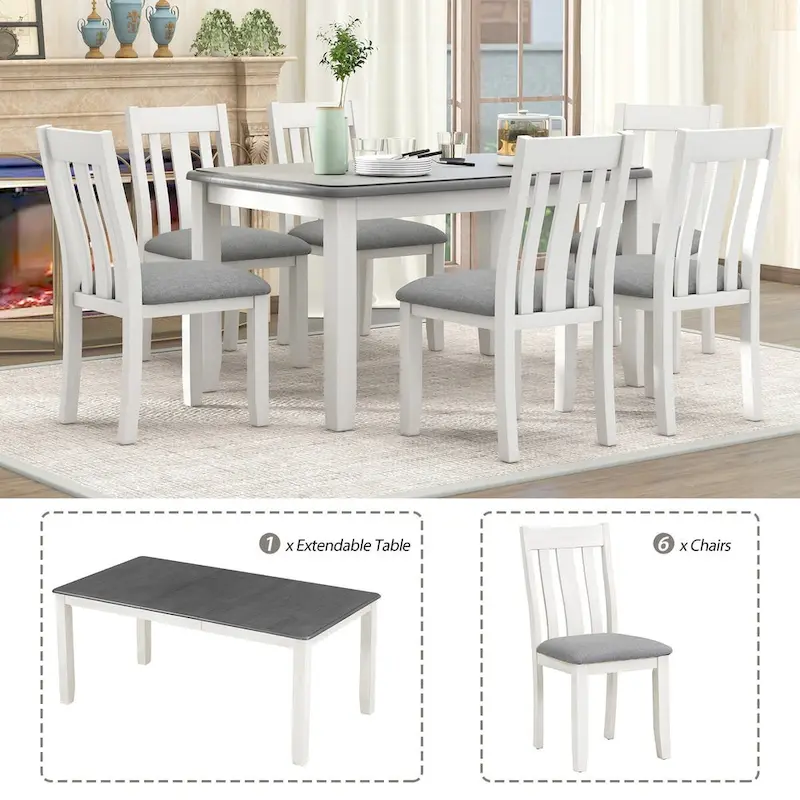 Retro Style 7-Piece Dining Table Set with Extendable Table and 6 Upholstered Chairs
