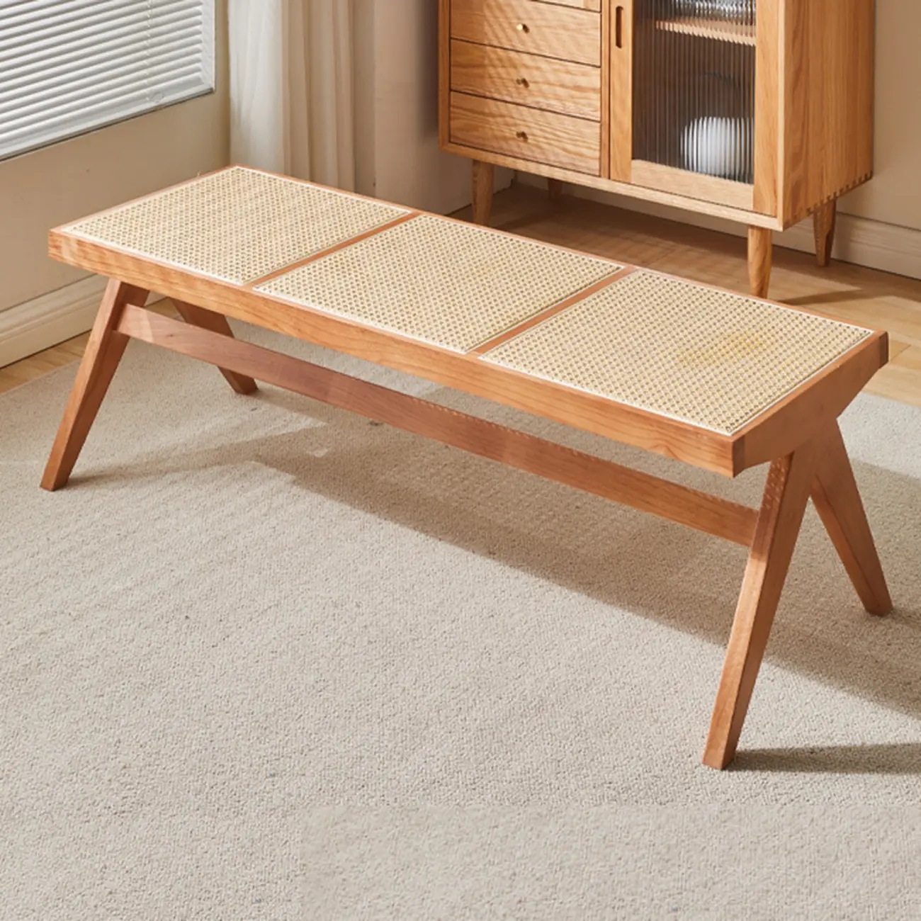 Elegant Rattan Top Finish Wooden Rectangular Cherry Benches