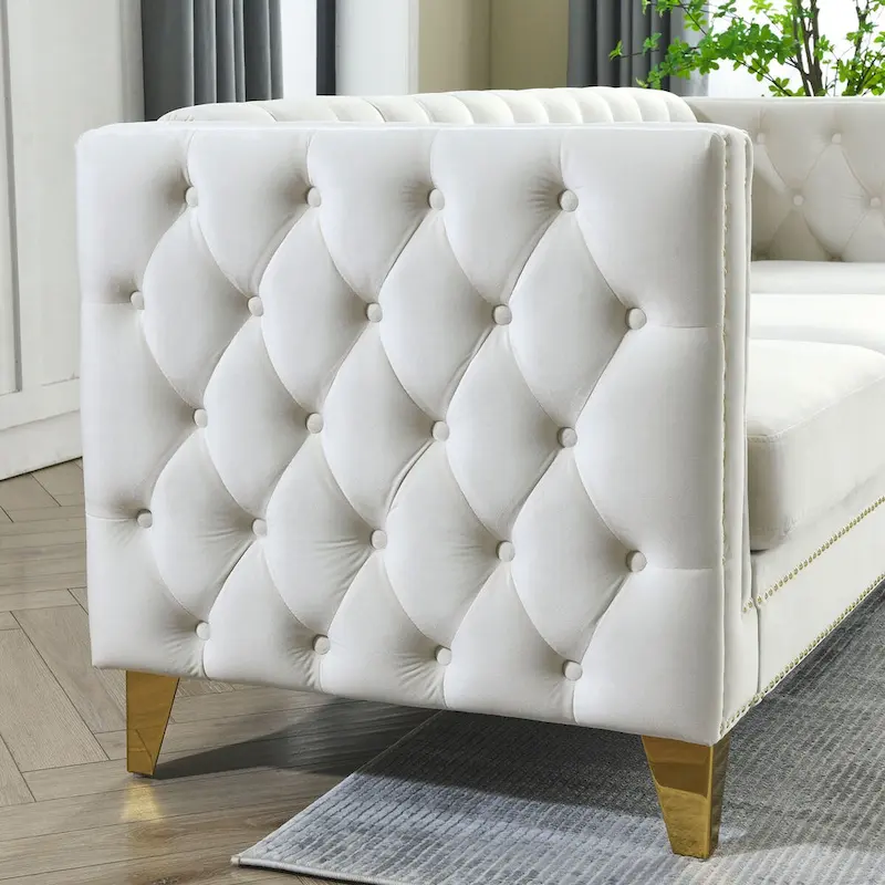 Velvet Upholstered 3 Seat Sofa,  Tufted Square Arm Sofa with Nailheads and Metal Legs