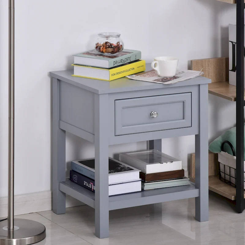 Grey MDF Nightstand with Drawer and Bottom Shelf