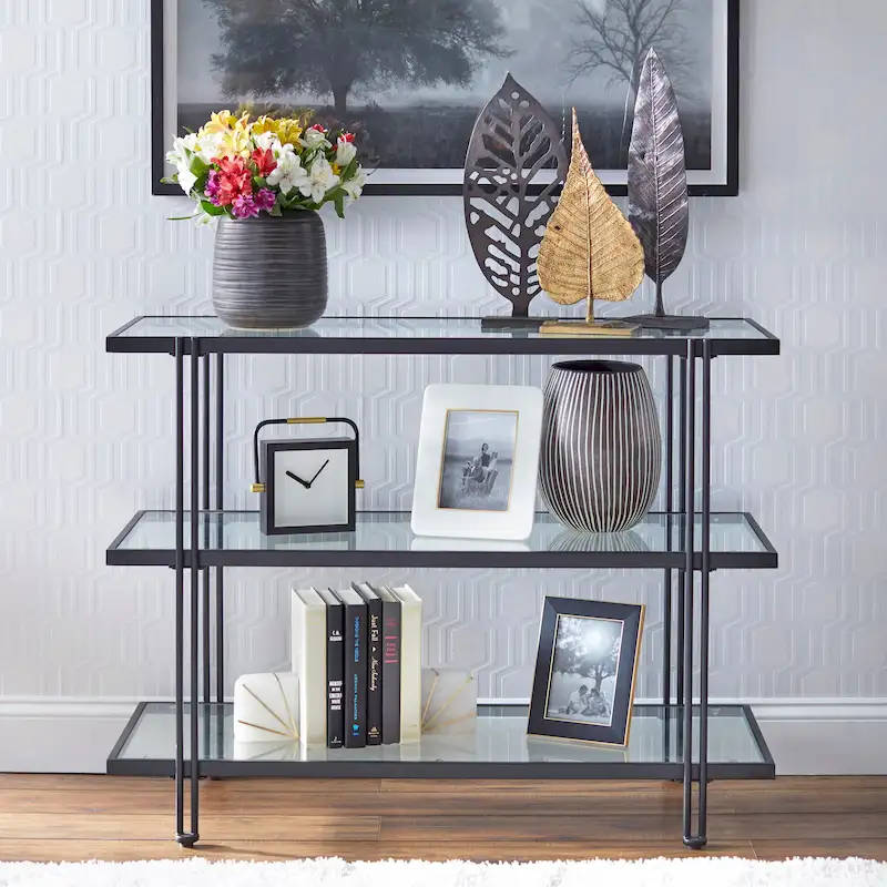 Black Metal & Tempered Glass Console Table, 3-Tier