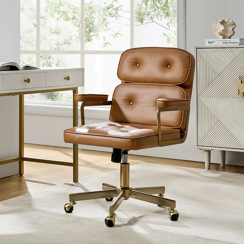 PU Leather Swivel Office Chair with Reclining Back, Gold Legs & Globe Casters | Camel / Ivory / Sage / Black | Single Seat