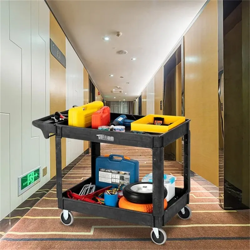 2 Tier Large 550lbs Capacity Shelf Plastic Utility Cart with Wheels Black
