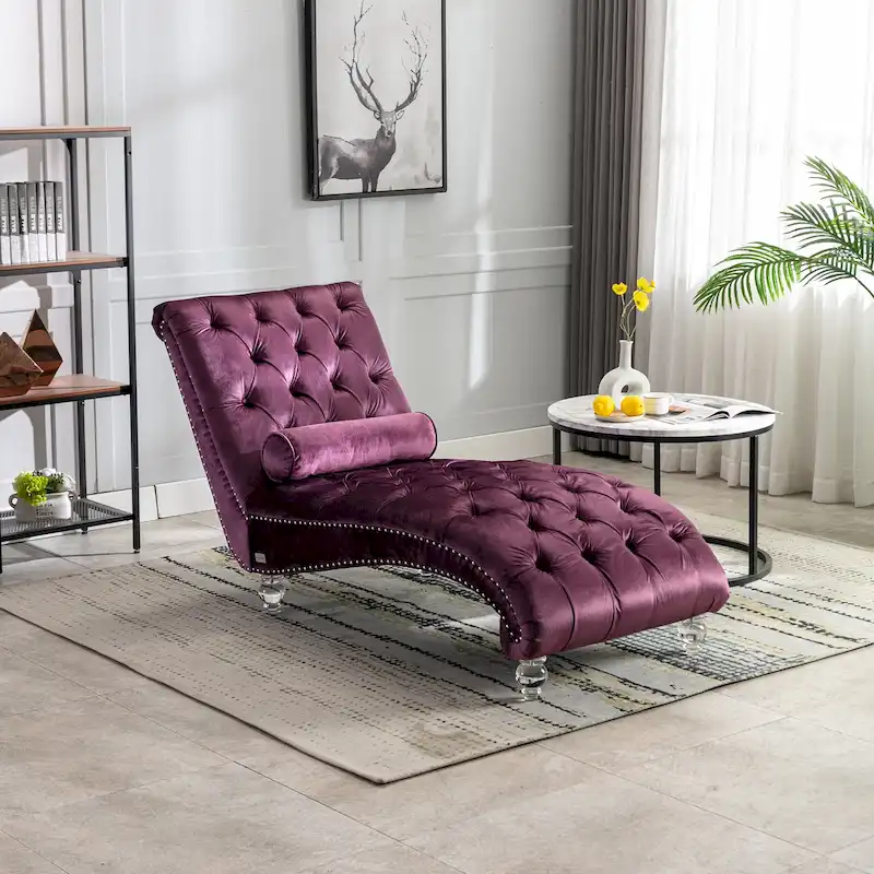Button-Tufted Upholstered Velvet Recliner Chaise with Pillow and Acrylic Feet