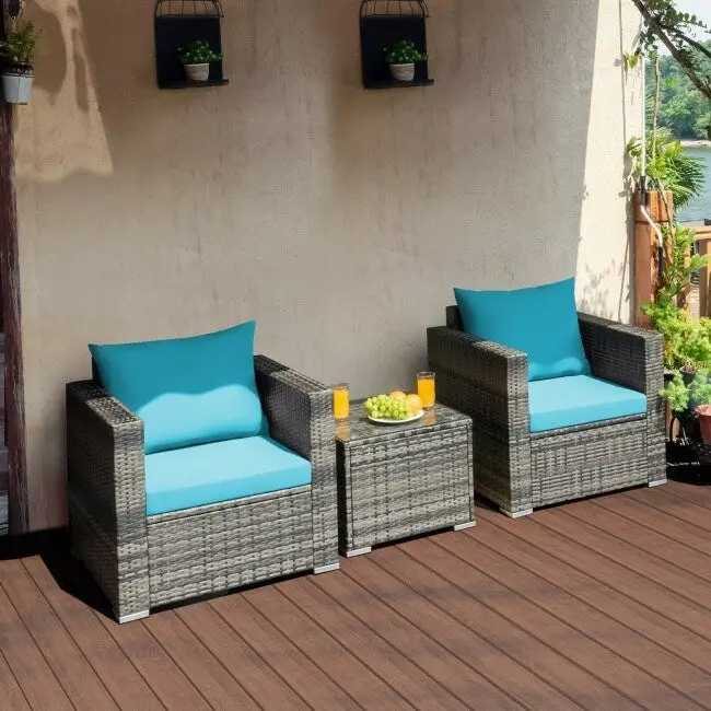 3 Pieces Patio Rattan Furniture Bistro Sofa Set with Cushioned - 28.5 (L) x 27.5 (W) x 27 (H)
