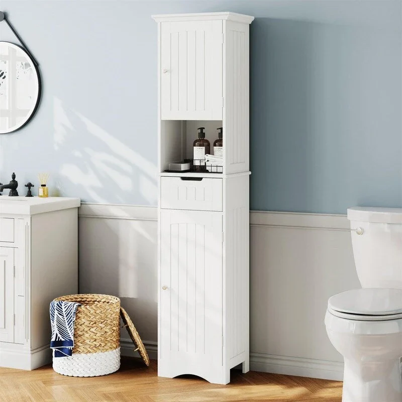 White Wood Finish Freestanding Tall Bathroom Storage Cabinet