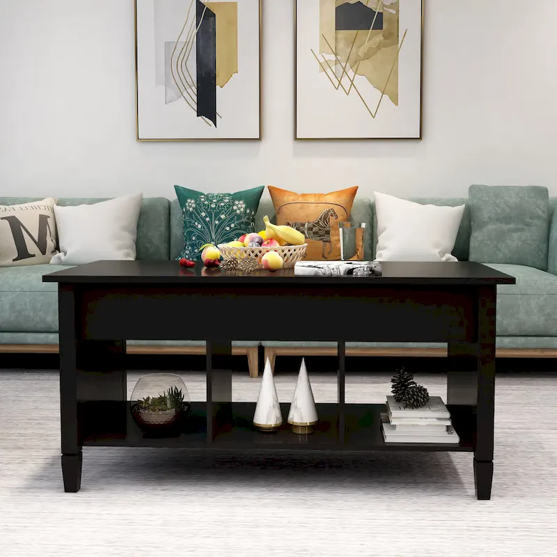 Black Lift-Top Coffee Table with Storage Shelves, MDF