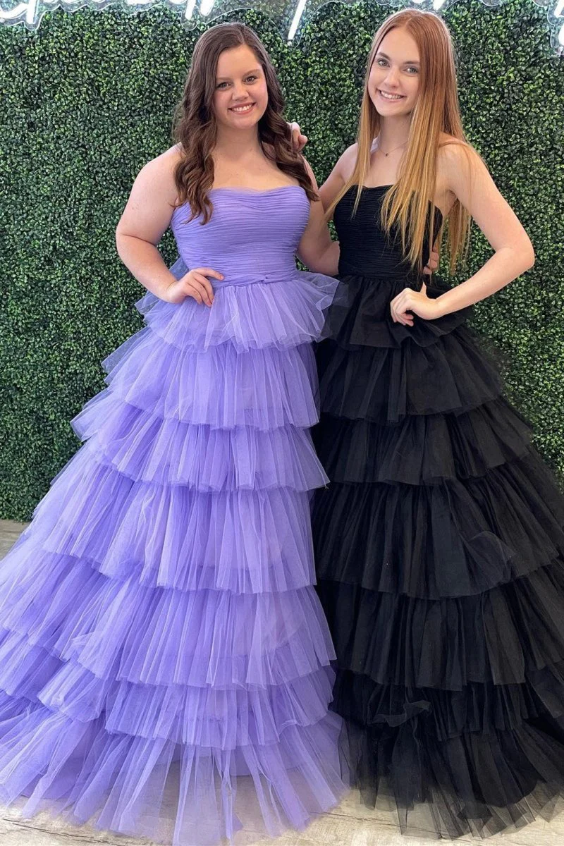 A-Line Strapless Tiered Tulle Prom Dress with Ruffles