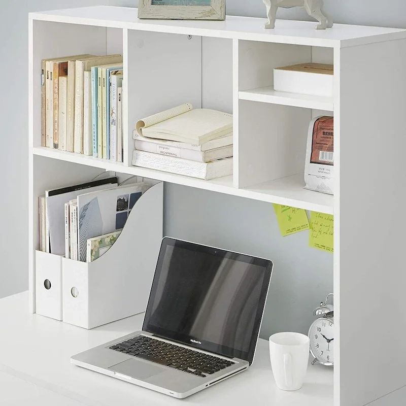 White Wood Desk Bookshelf with Storage Cubes