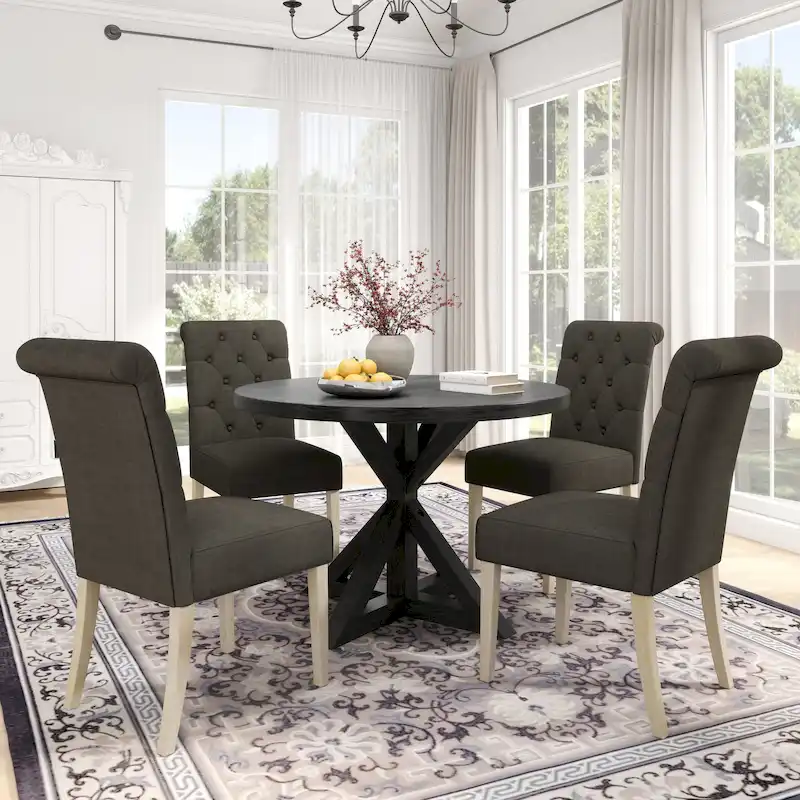 5 Piece Dining Table Set, Wooden Kitchen Furniture Set, Round Table with Cross-Buck Pedestal Base and 4 Tufted Chairs