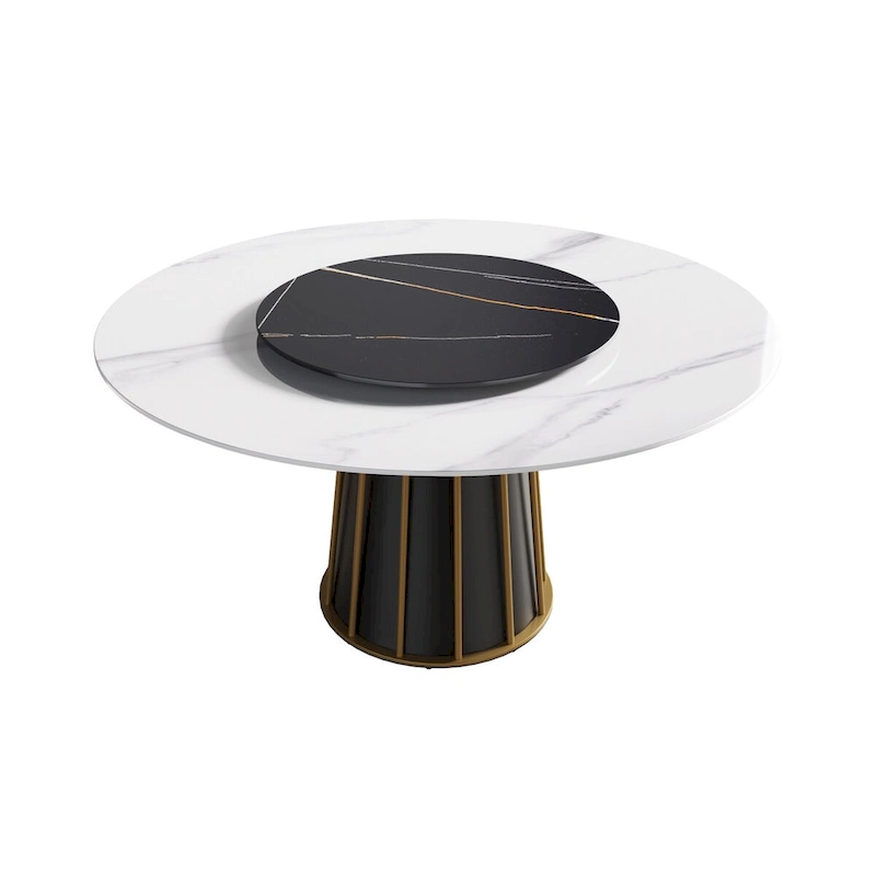 59 White Round Dining Table with Lazy Susan, Sintered Stone Tabletop - N/A