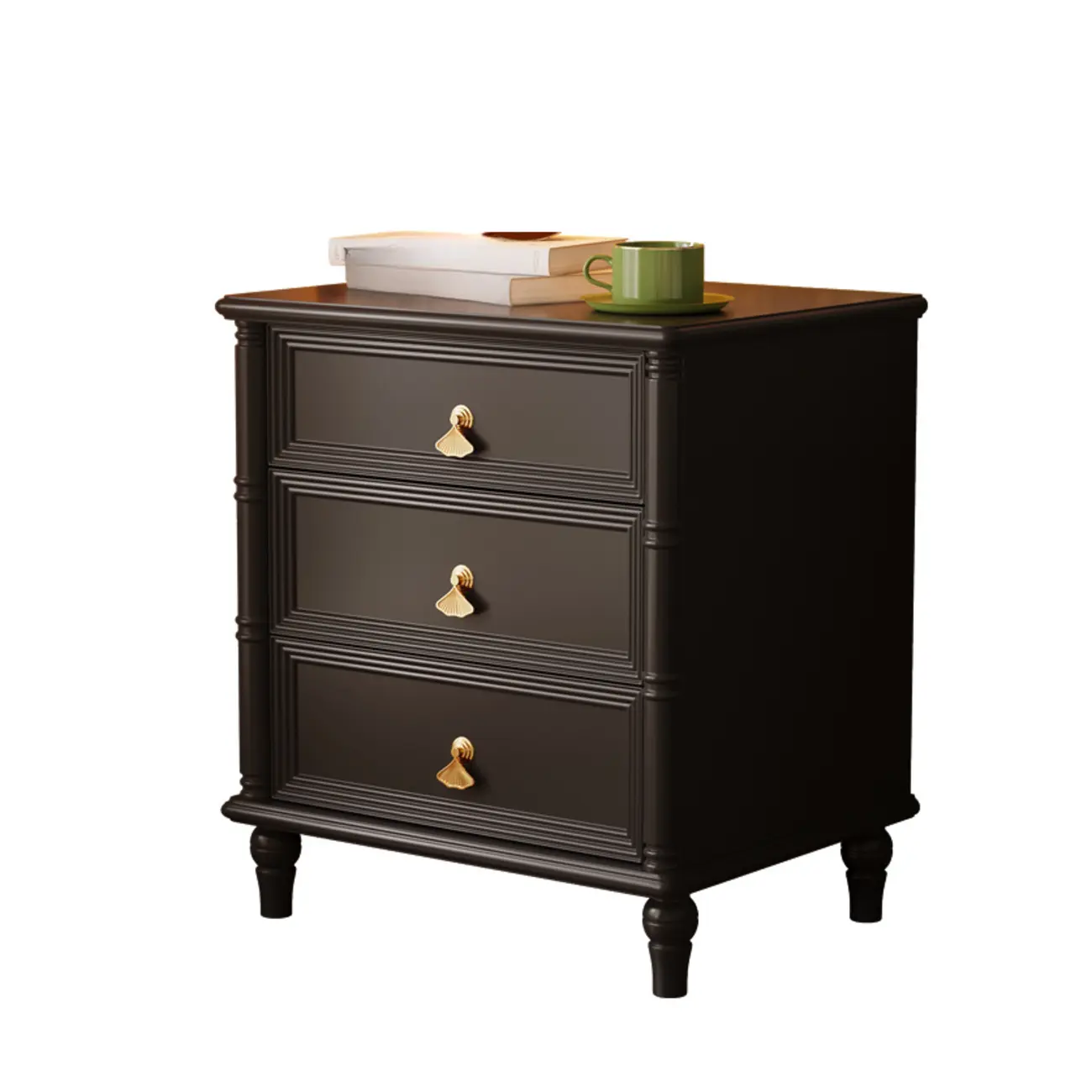 Traditional Rectangular Solid Wood 3-Drawer Black Nightstand