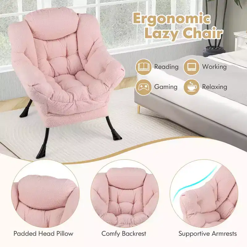Costway Large Lazy Chair with Cozy Head Pillow Stylish Tufted Back & Seat Armrests Beige/Gray/Pink