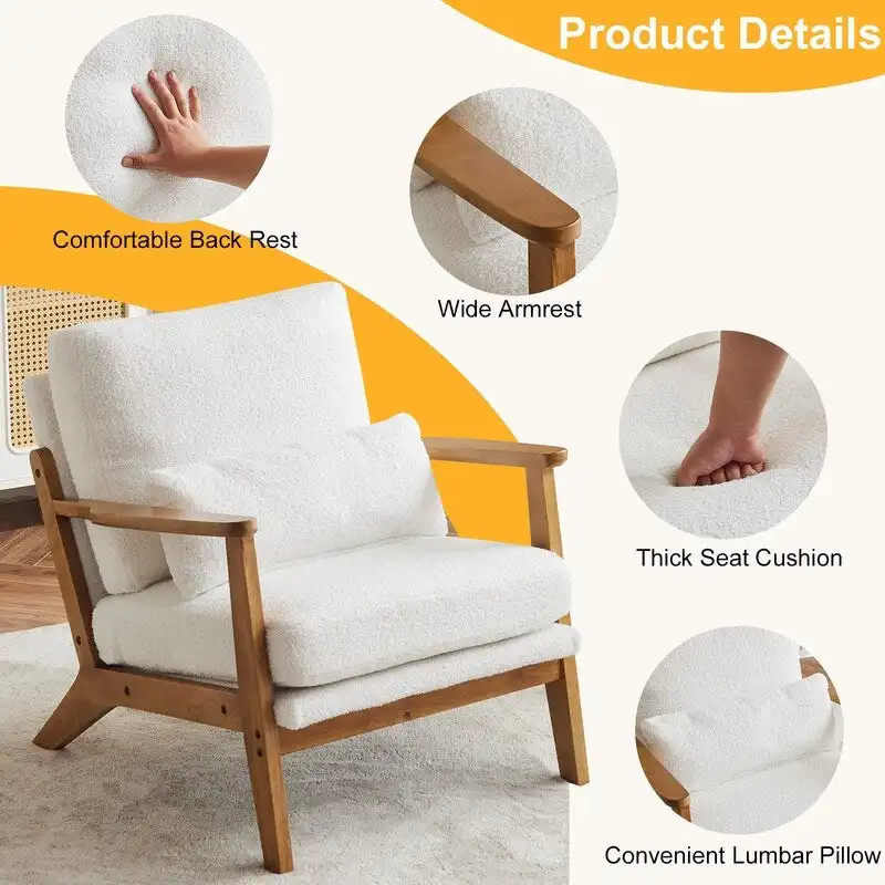 Upholstered Linen Blend Accent Chair with Wooden Legs and Pillow, Beige